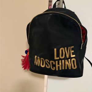 Love Moschino Black Backpack with Gold Logo and Colorful Tassel